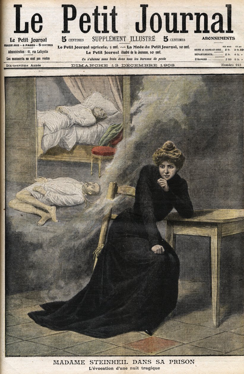 Případ Steinheil: Marguerite Steinheil (1869-1954) ve svém vězení - Le Petit Journal, prosinec 1908 (rytina) od French School