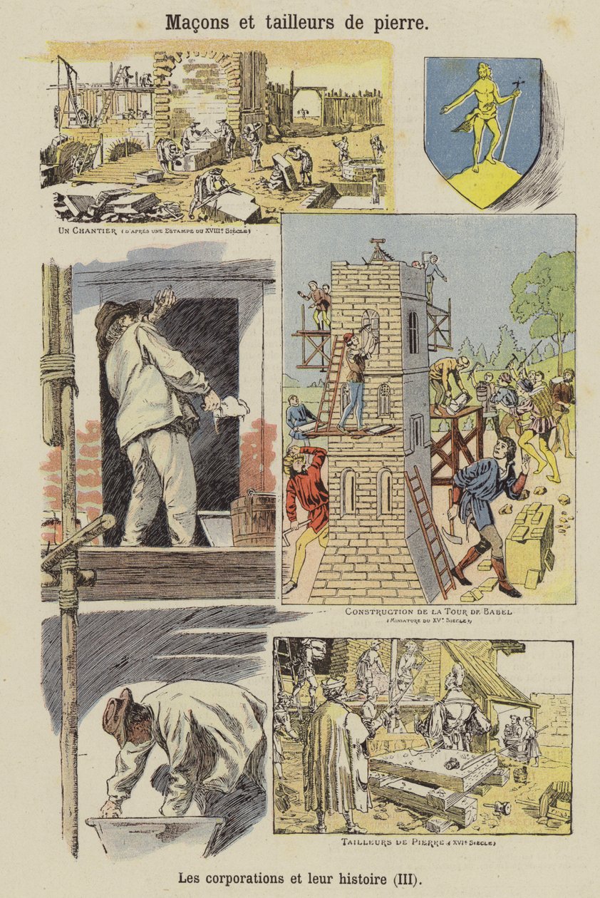 Kameníci a zedníci (barevná litografie) od French School