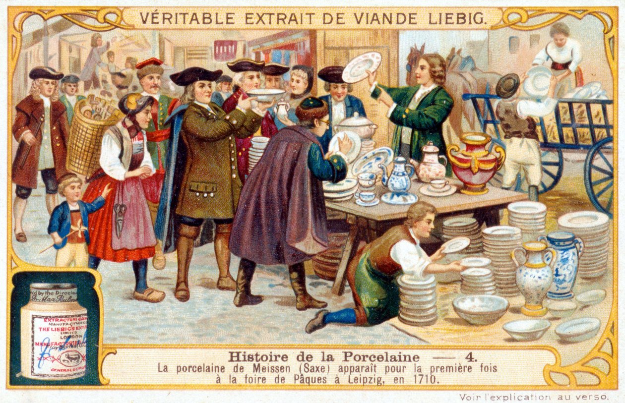 Příběh porcelánu č. 4: Míšeňský porcelán (Sasko) se poprvé objevil na velikonočním veletrhu v Lipsku v roce 1710. Liebigova chromolitografie od French School