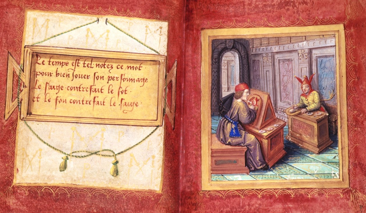 Stowe 955 ff.9v-9a Moudrý muž a blázen, z „Petit Livre d