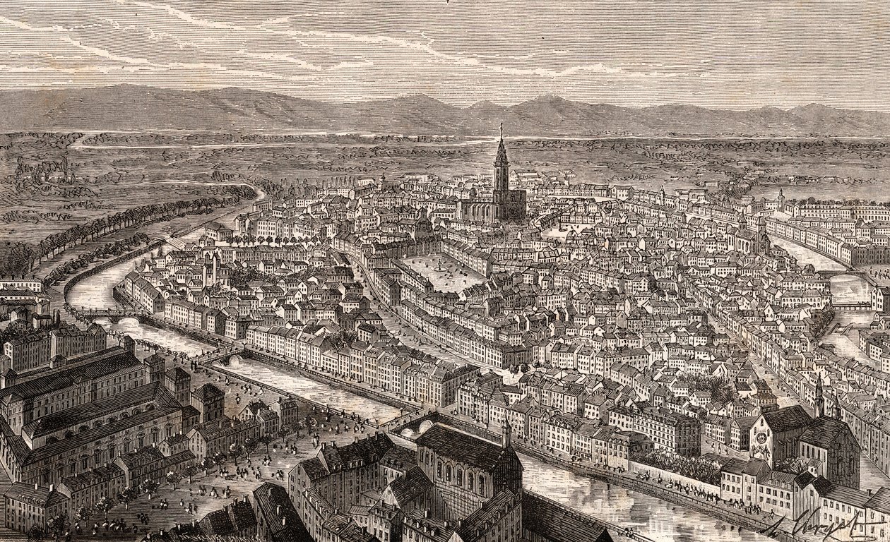 Štrasburk - Bas-Rhin, v Alsasku - rytina v „La France illustrée: geografie, historie, statistická správa“ od V.A. Malt-Brown. 1884 od French School