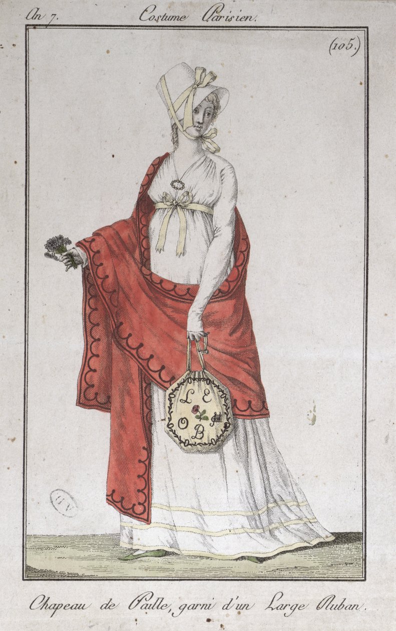 Slaměný klobouk se stuhou, módní talíř od Costumes Parisiens, 1799 od French School