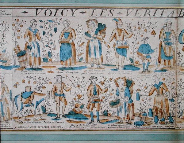 Pouliční obchodníci v 18. století (barevné lito) od French School