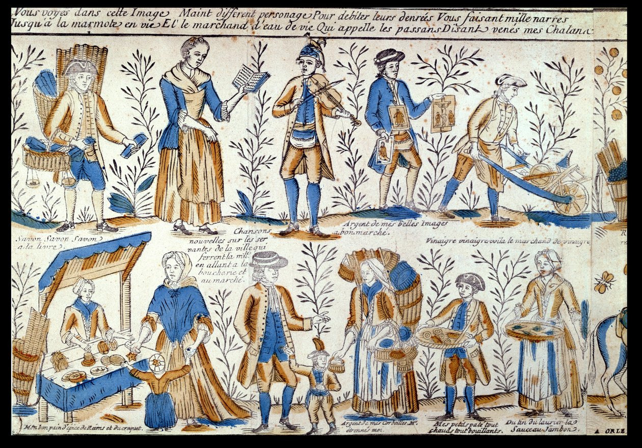 Pouliční obchodníci v 18. století od French School