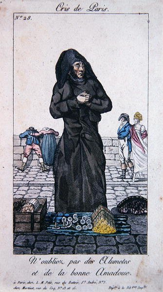 Pouliční prodejce zápalek a dřeva, počátek 19. století (barevné rytí) od French School