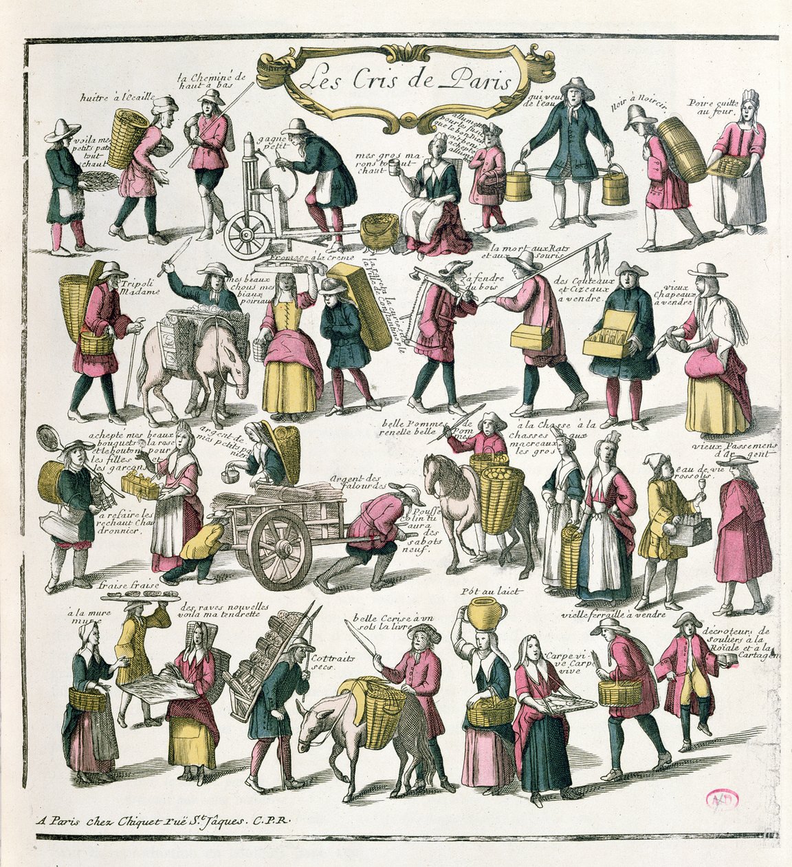 Pouliční prodavači v Paříži, konec 17. století (barevná rytina) od French School
