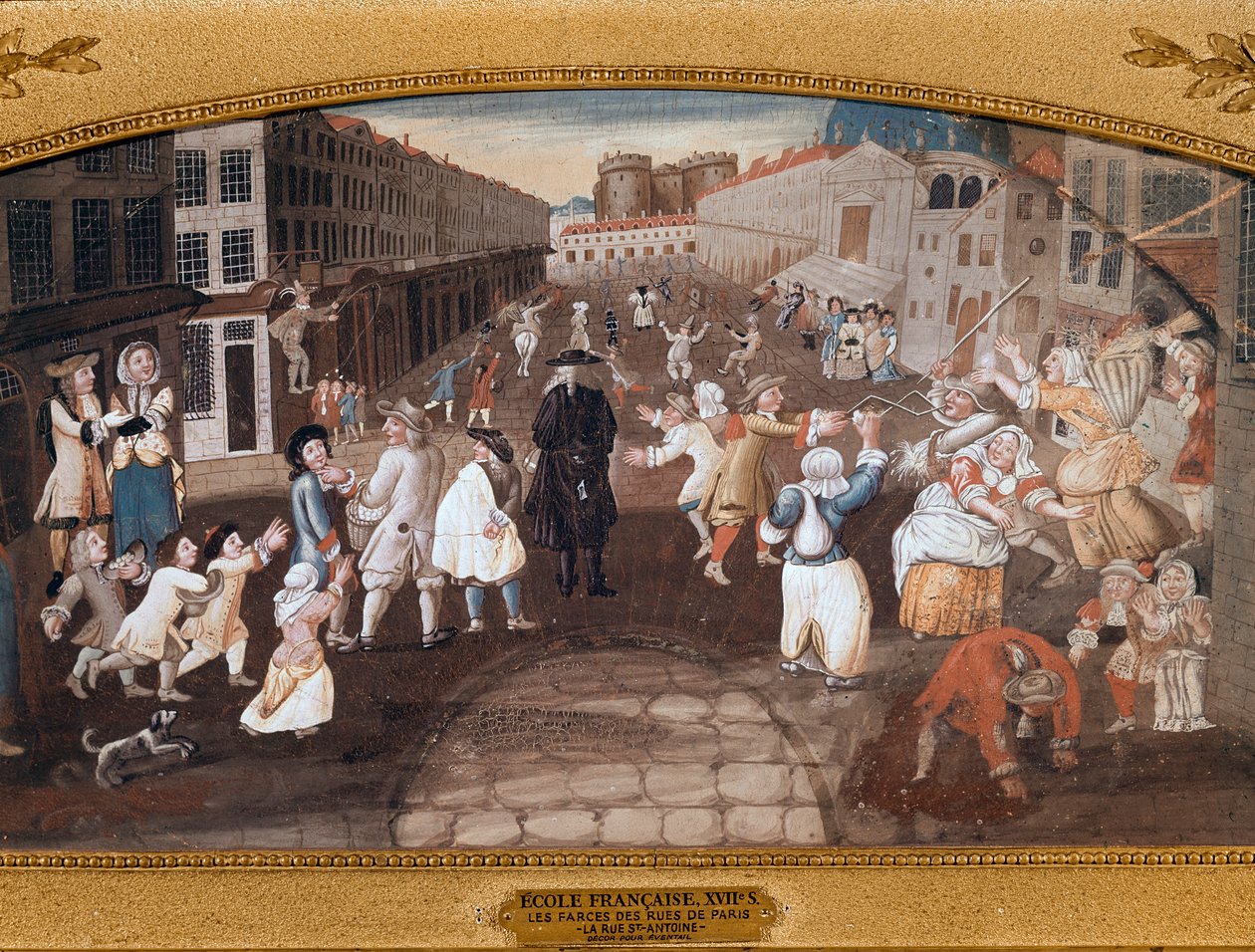 Pouliční baviči v Rue St Antoine v Paříži (malba od French School