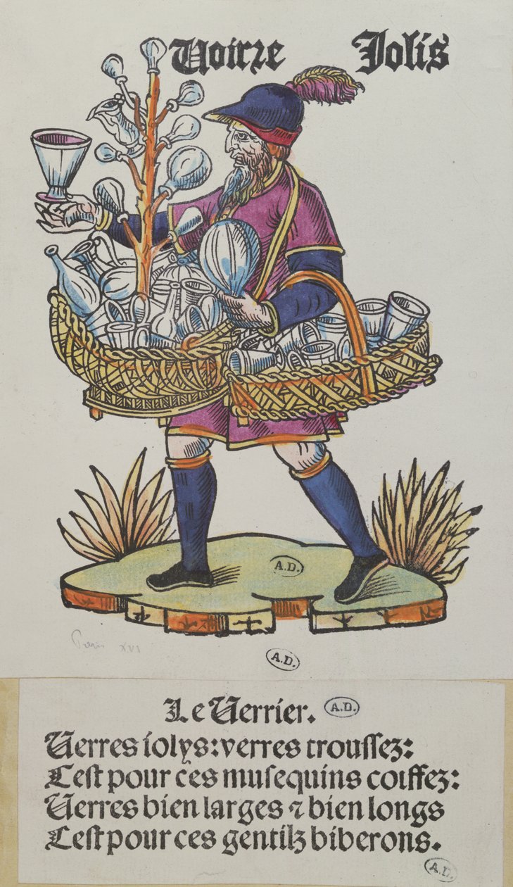 Pouliční prodavač skla, z Cris de Paris, kolem 1515 (barevná dřevorytina) od French School