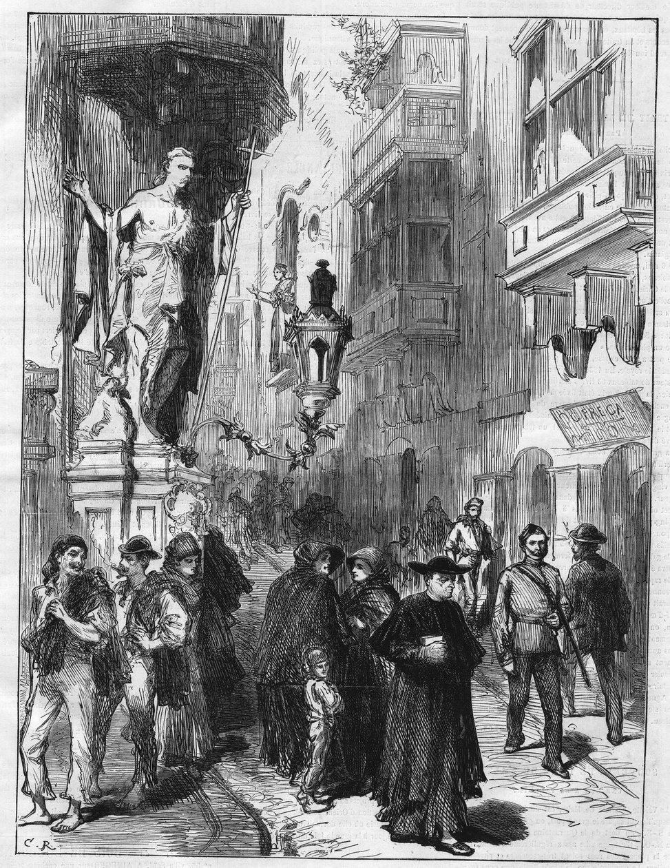 Ulice ve Vallettě na ostrově Malta. Gravírování v „“L