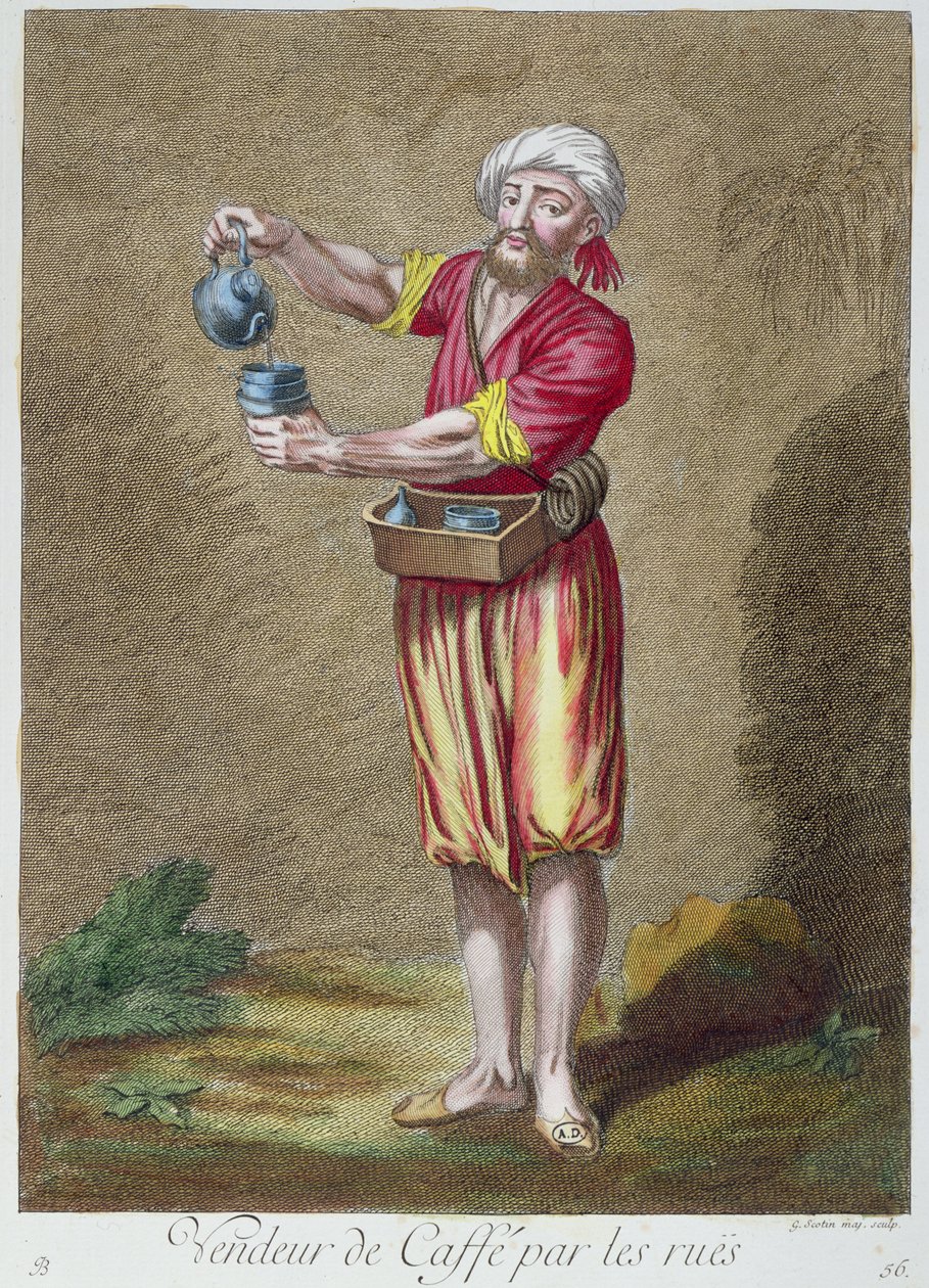 Pouliční obchodník prodávající kávu, ze sbírky tisků kostýmů z Levanty, vyryl G. Scotin, 1707-08 od French School