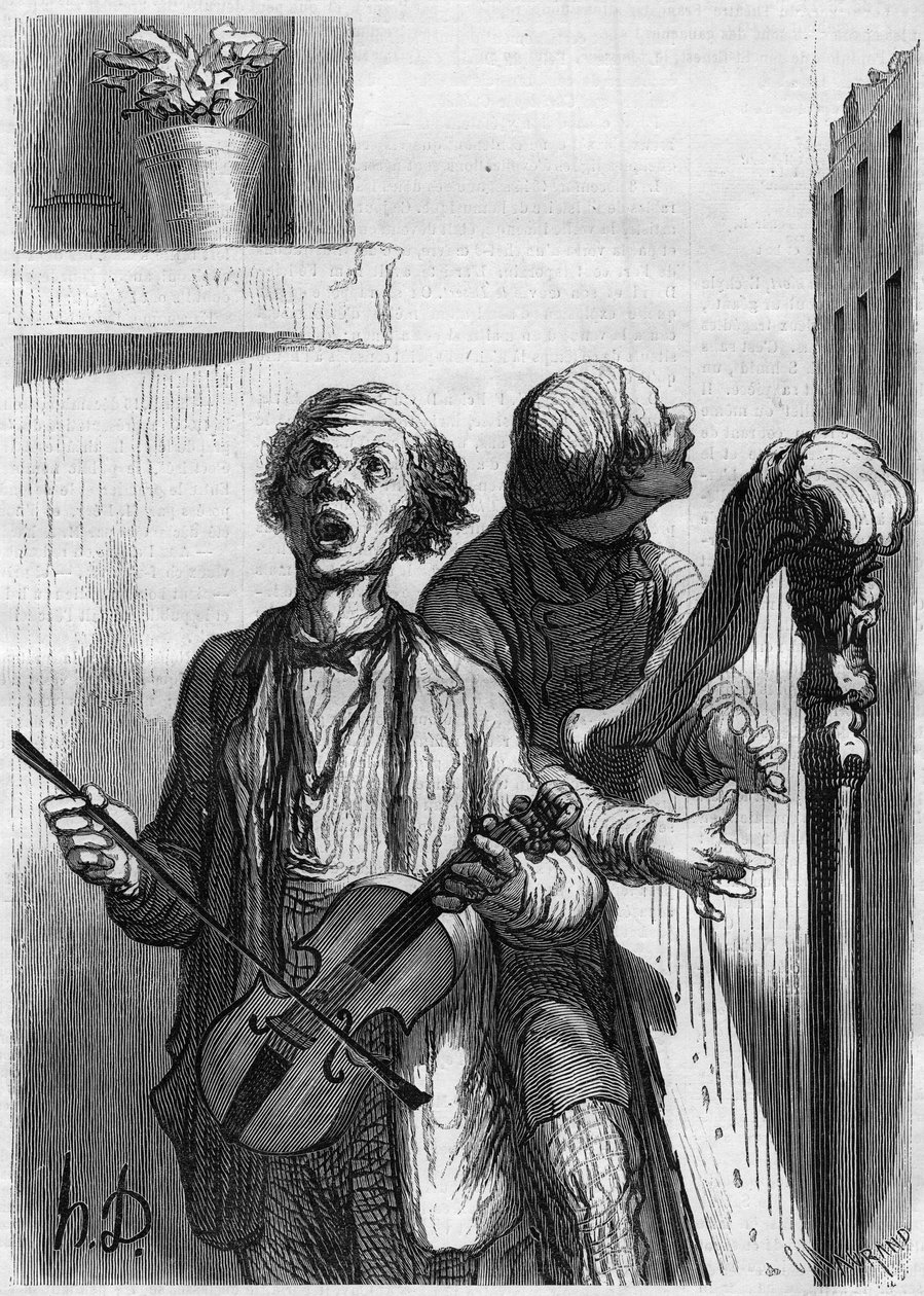 Pouliční zpěváci. Kreslený film Honore Daumier (1808-1879). Rytina v „“ Le Monde Illustré““ č. 297 z 20. prosince 1862. od French School