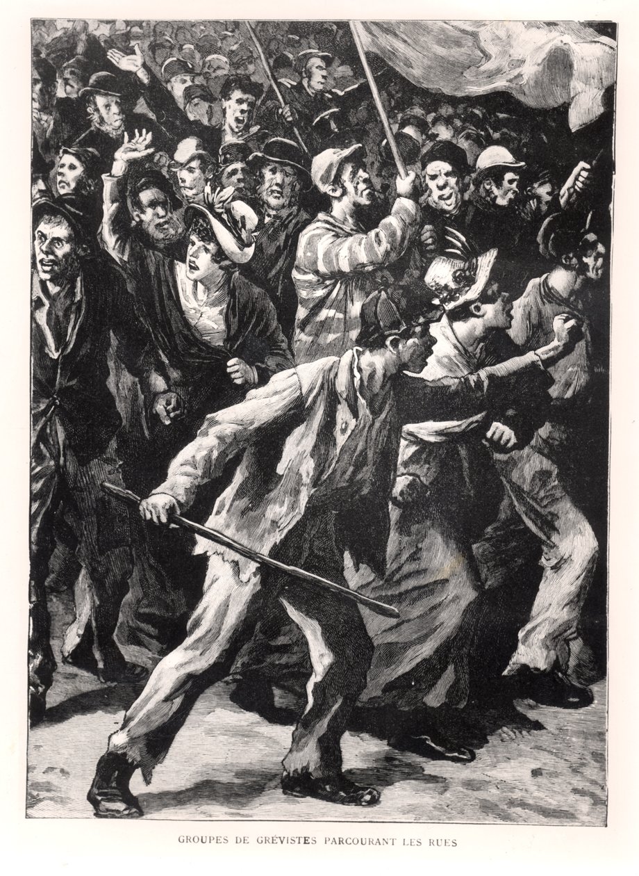Stávkující demonstrující v ulicích Chicaga během Pullmanových nepokojů v roce 1894, cca 1895 od French School