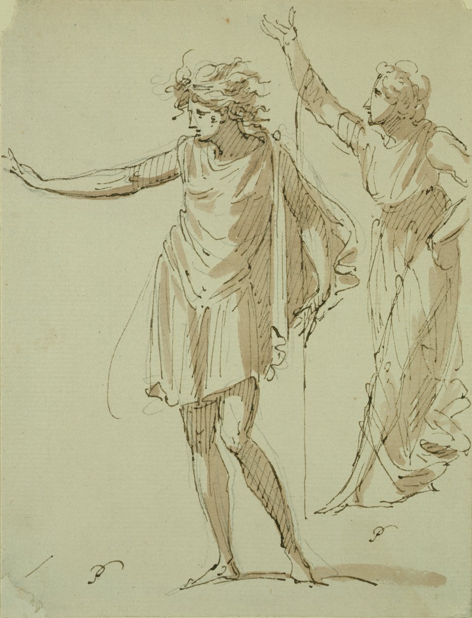 Studie dvou klasicky přehozených postav, cca 1790 (pero, inkoust a mytí na papíře) od French School