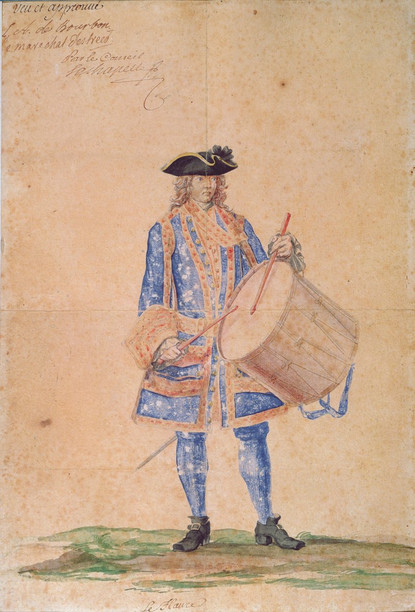 Studie uniformy námořního kapitána umístěného v Le Havre, 1718 (tužka, barva těla a wc na hnědém papíře) od French School