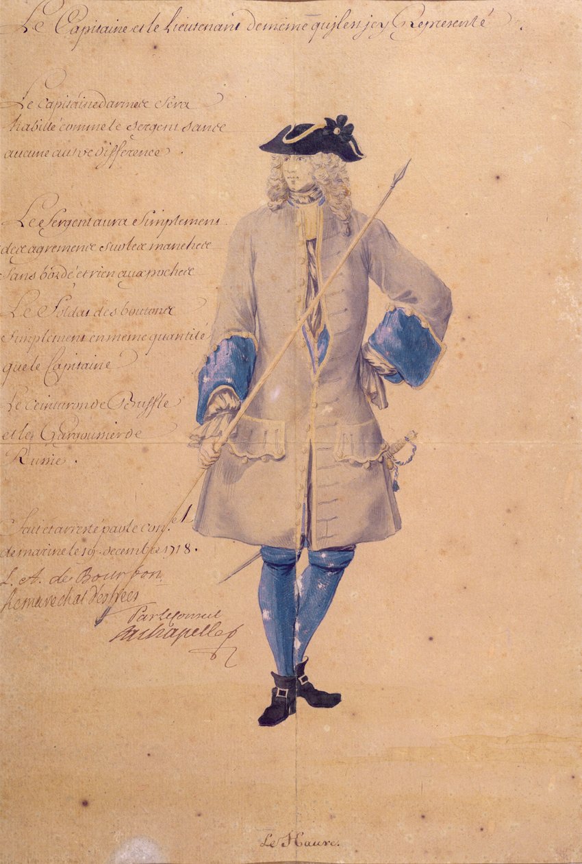 Studie uniformy námořníka umístěného v Le Havre, 1718 (tužka, barva těla a wc na hnědém papíře) od French School