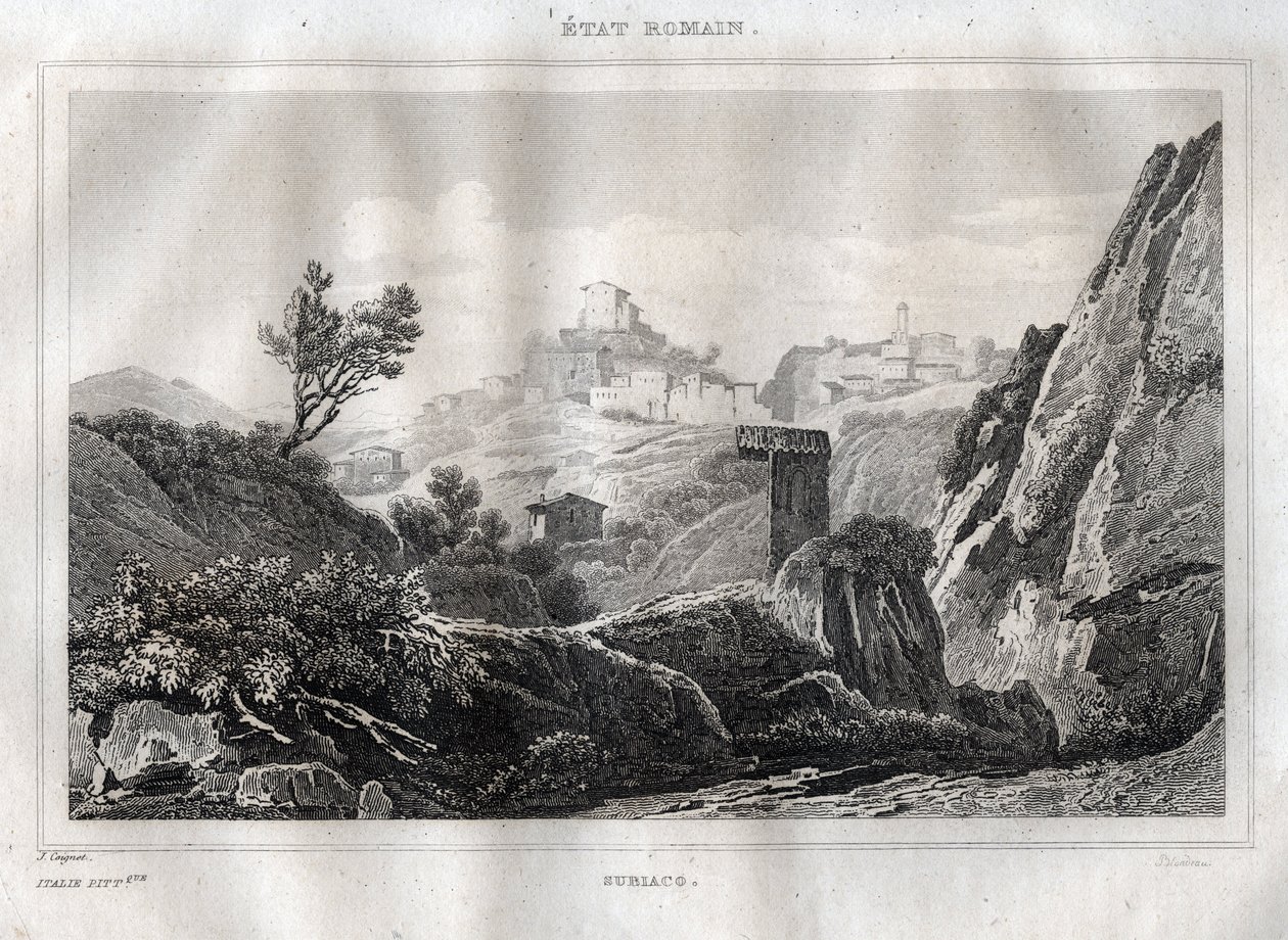 Subiaco Lazio v metropolitním městě Řím - rytina z „“ Malebné Itálie““ od M. de Norvinse, Ch. Nodier 1834-1836. od French School