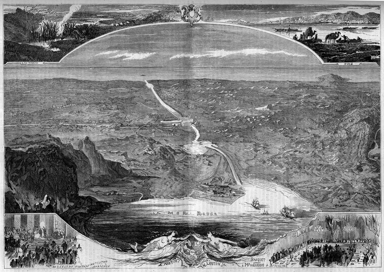 Suezský průplav: panoramatický pohled na díru v Suezské šíji (Egypt), která se začala stavět v roce 1859. Rytina od Morina v „“The Illustrous World““ č. 84 z 20. listopadu od French School