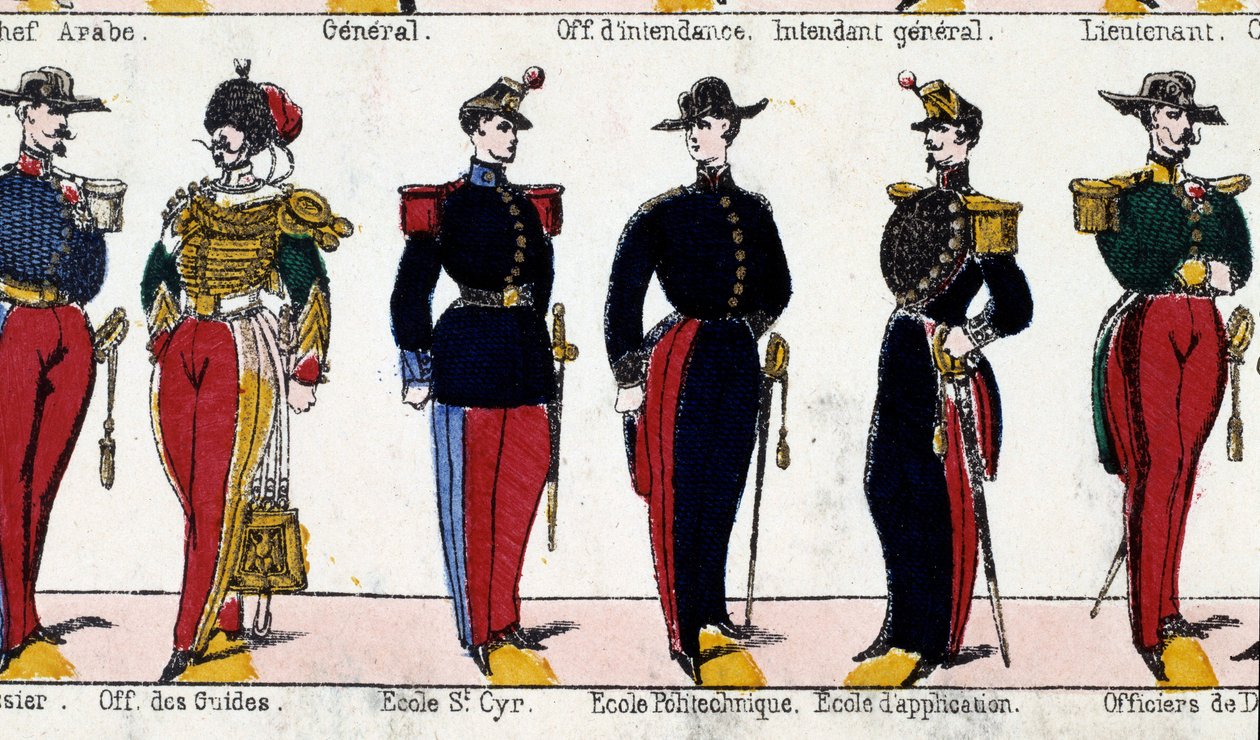 Obleky pro studenty průvodcovského důstojníka, školy Saint Cyr, Polytechnique a aplikační školy. Rytina 19. století. Paříž, Musee Carnavalet od French School