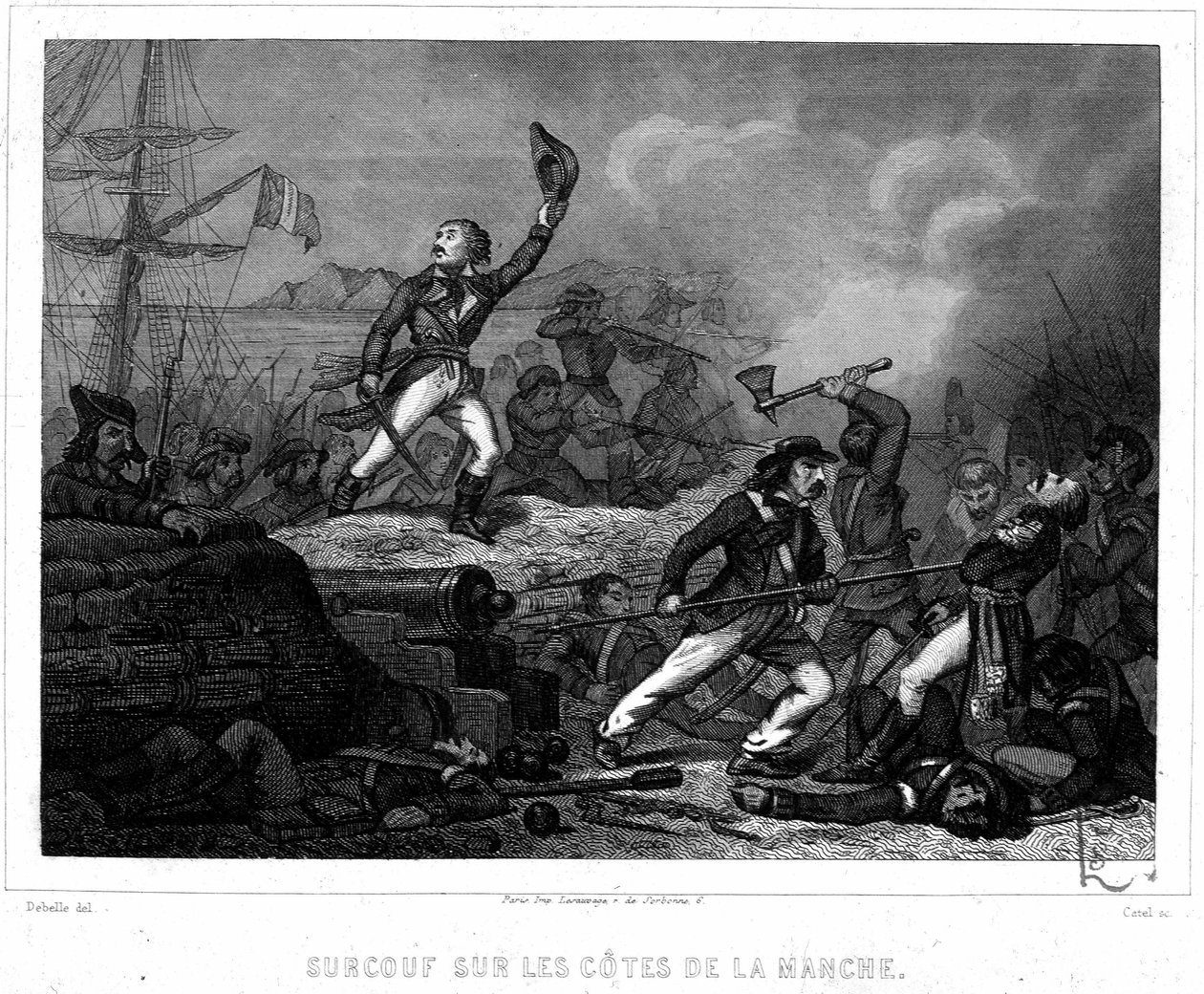 Surcouf na pobřeží Lamanšského průlivu - v „Historie pirátů a korzářů oceánu a Středozemního moře““ od P. Christiona, Paris, D. Cavaillés ed. od French School