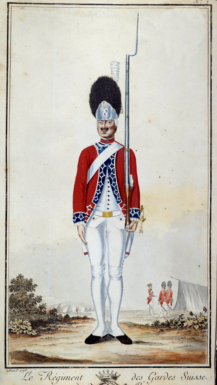 SwissGuard. Deska 16 v „Kompendiu vojenských uniforem francouzských jednotek za Ludvíka XVI.““ Litografie z roku 1779. Rozměr 0,23x0,16m. Paříž, Armádní muzeum od French School
