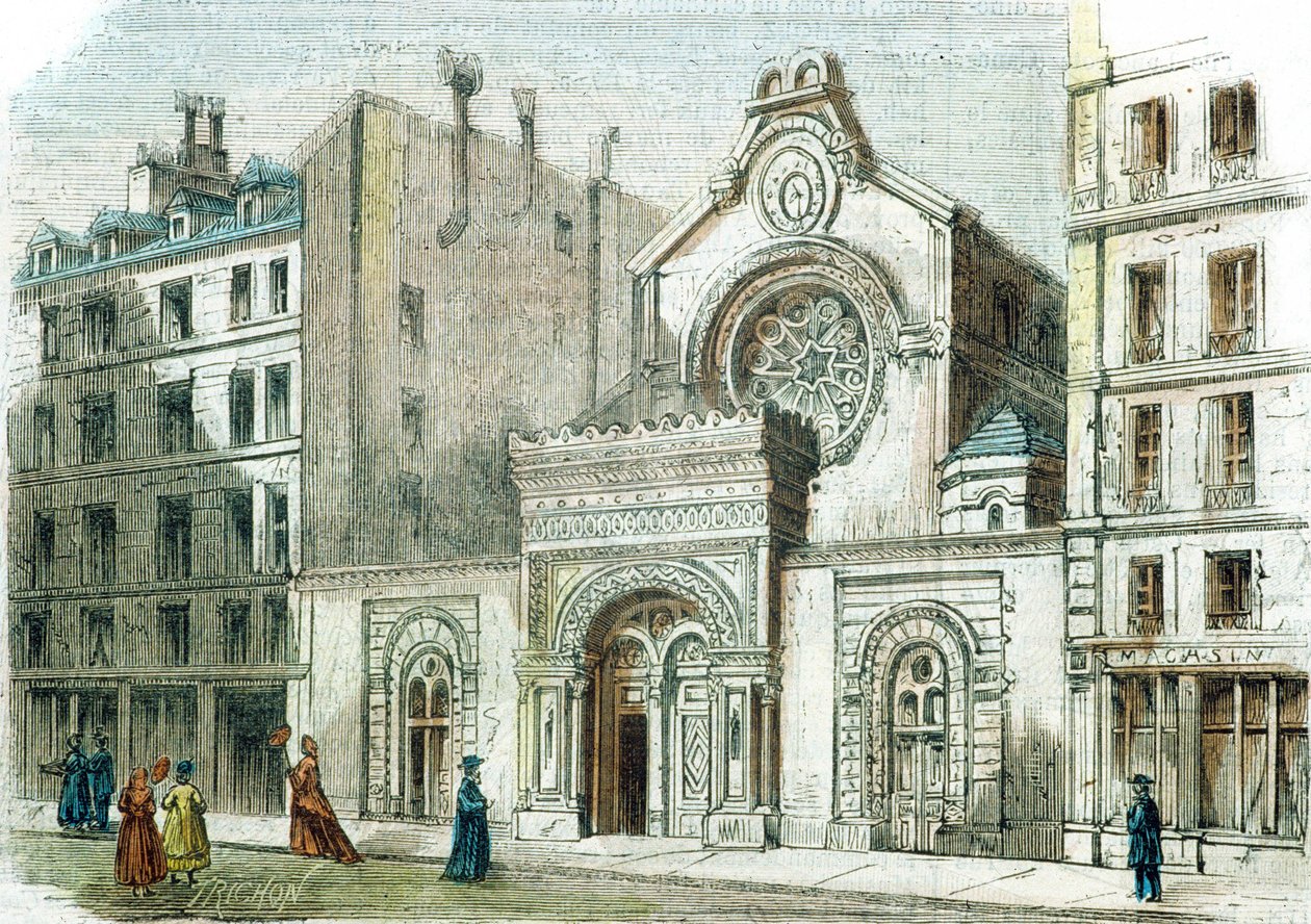 Synagoga na Rue de la Victoire, Paříž, kolem roku 1880 (barevná rytina) od French School