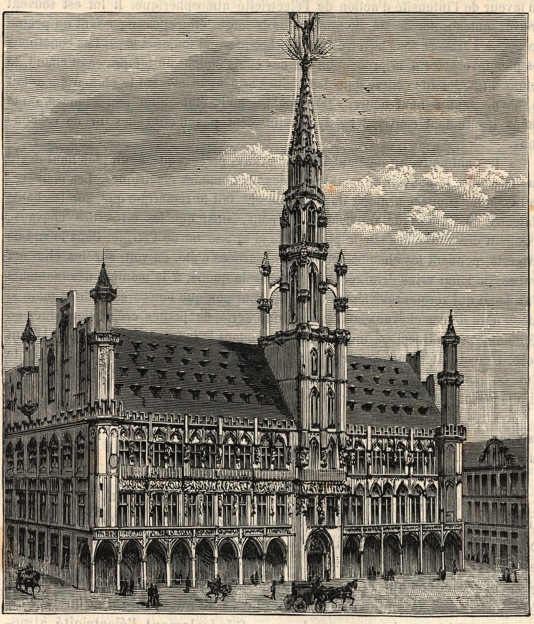 Soustava hromosvodů na bruselské radnici v 19. století - Rytina v „Vědy dostupné všem - Populární fyzika a chemie“ od Alexise Clerca - Konec 19. století - Soukromá sbírka od French School