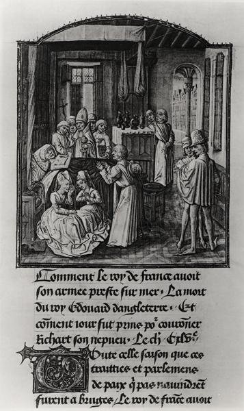 T.2 Fol.111 Smrt anglického krále Eduarda III. na hradě Shene, z Froissartovy kroniky, konec 15. století (pergamen) (čb foto) od French School