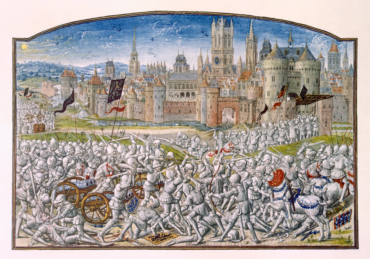 T.2 fol.287 Vítězství obyvatel Gentu vedených Philippem van Arteveldem před Bruggami v roce 1381, z Froissarts Chronicle, 1472 od French School