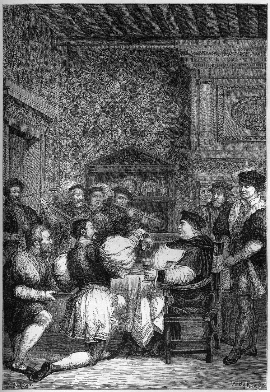 THOMAS CARDINAL WOLSEY (1475? -1530) OBSLUŽUJE U STOLŮ ŠLECHTICI A PÁNI - THOMAS WOLSEY (1475? -1530) byl obsluhován na kolenou svými muži nejvyššího postavení - rytina „L