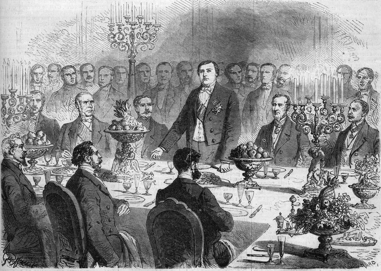 Čestný stůl na banketu, který nabídli akcionáři Suezského průplavu M. de Lessepsovi 11. února 1864 v Palais de l