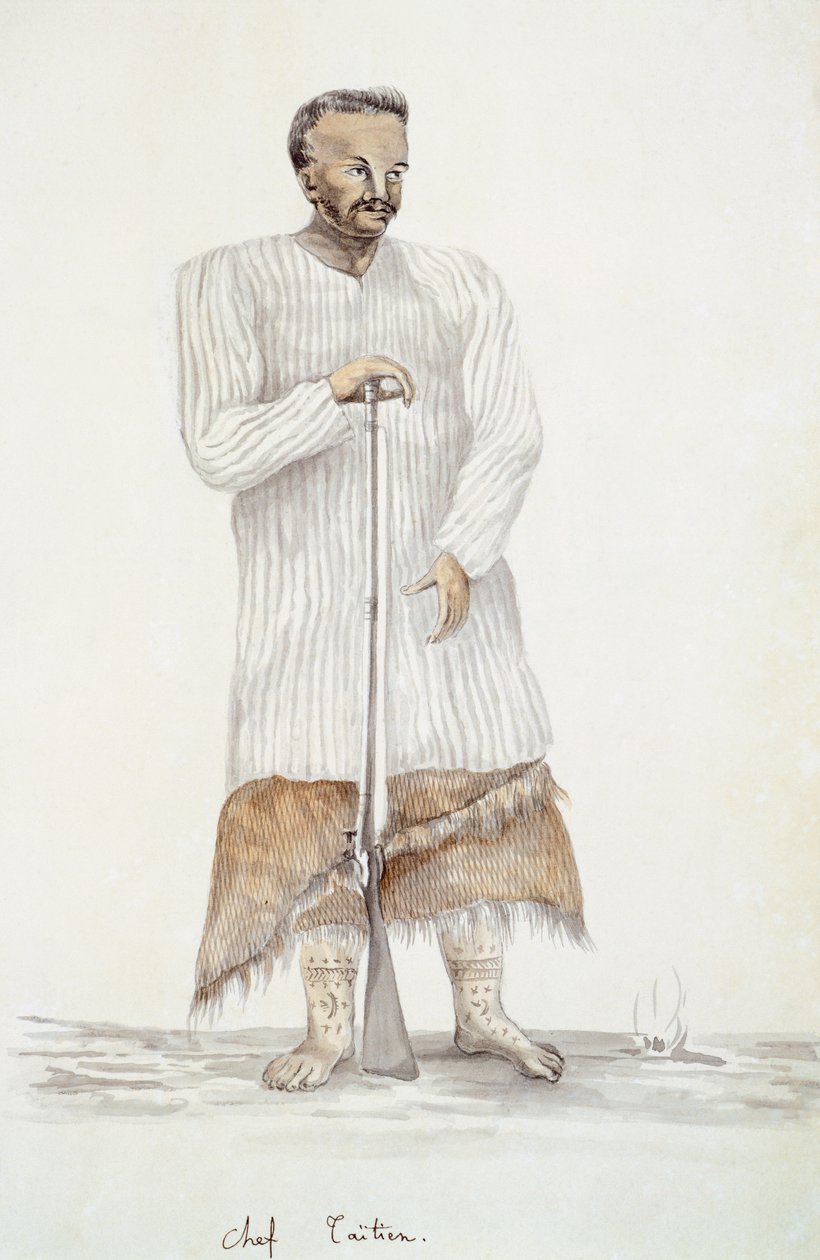 Tahitský náčelník, ilustrace z Cesty Ludvíka I. Duperreyho, LF Lejeune, akvarel od French School