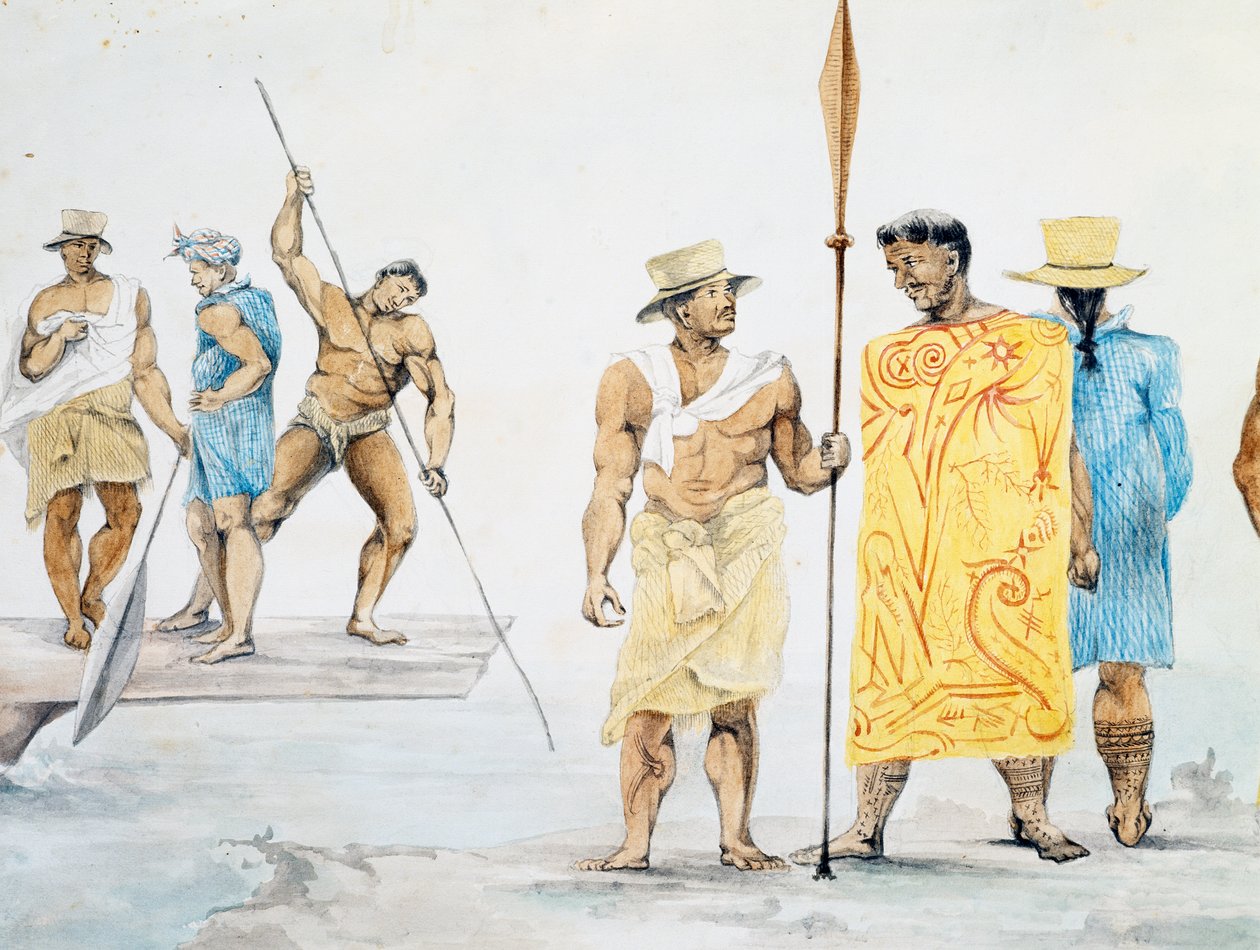 Tahitští náčelníci nastupují do Coquille, design Jules-Louis Lejeune, založený na Cestě kolem světa od French School