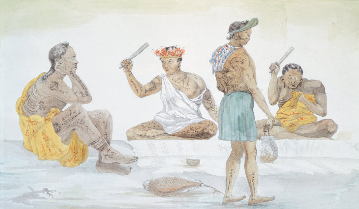 Tahitské šlehače látek, LF Lejeune z cesty Ludvíka I. Duperreyho (1822-1825), Polynésie 19. století Akvarel od French School