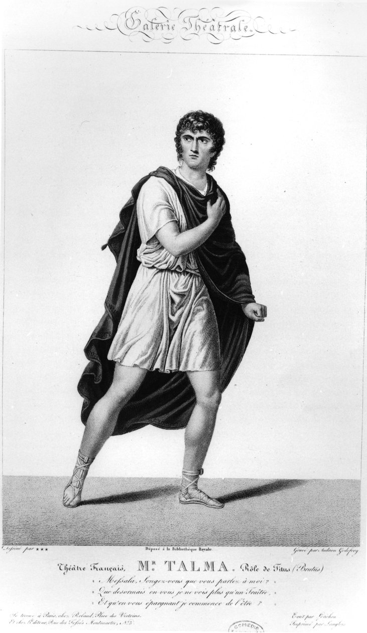 Talma v římském kostýmu jako Titus v inscenaci v Paříži v roce 1793 z Voltairovy tragédie, Brutus, 1812 od French School