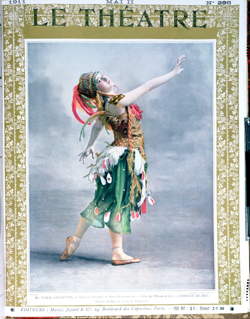 Tamara Platnovna Karsavina (1885-1978) jako Pták Ohnivák od Igora Stravinského (1882-1971) z titulní strany časopisu Le Theatre, květen 1911 od French School