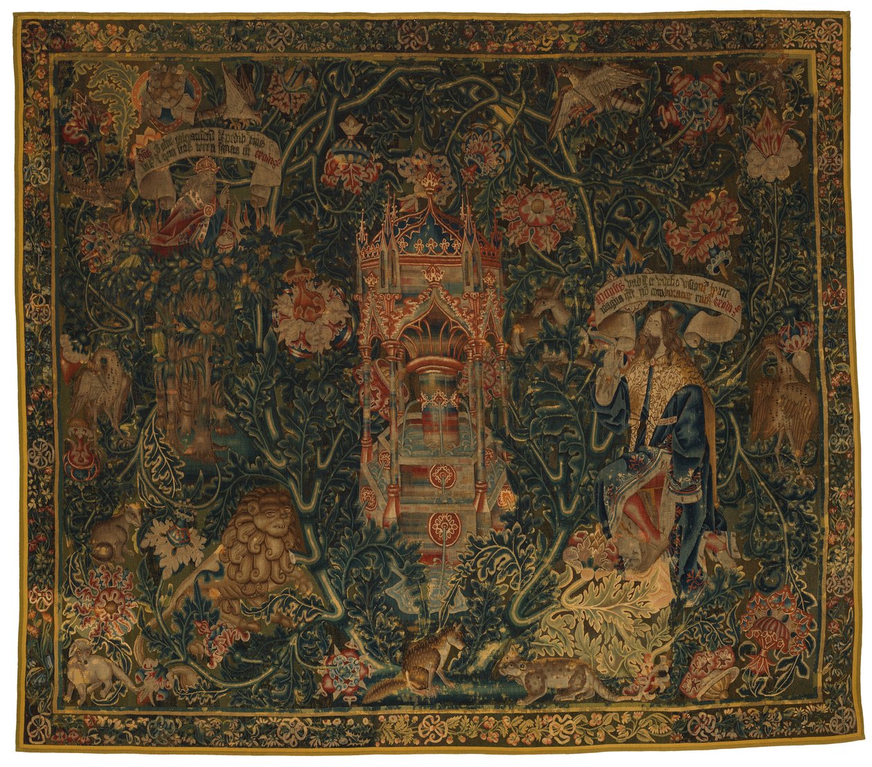 Gobelín, Bůh Otec zjevující se Mojžíšovi (jedna ze souboru šesti Sibyl obsahujících 46 134 až 46 139) s názvem „Rothamsted Tapestries“, vyrobený ve Flandrech, Tournei nebo Bruselu, Belgie, kolem roku 1530 (vlna) od French School
