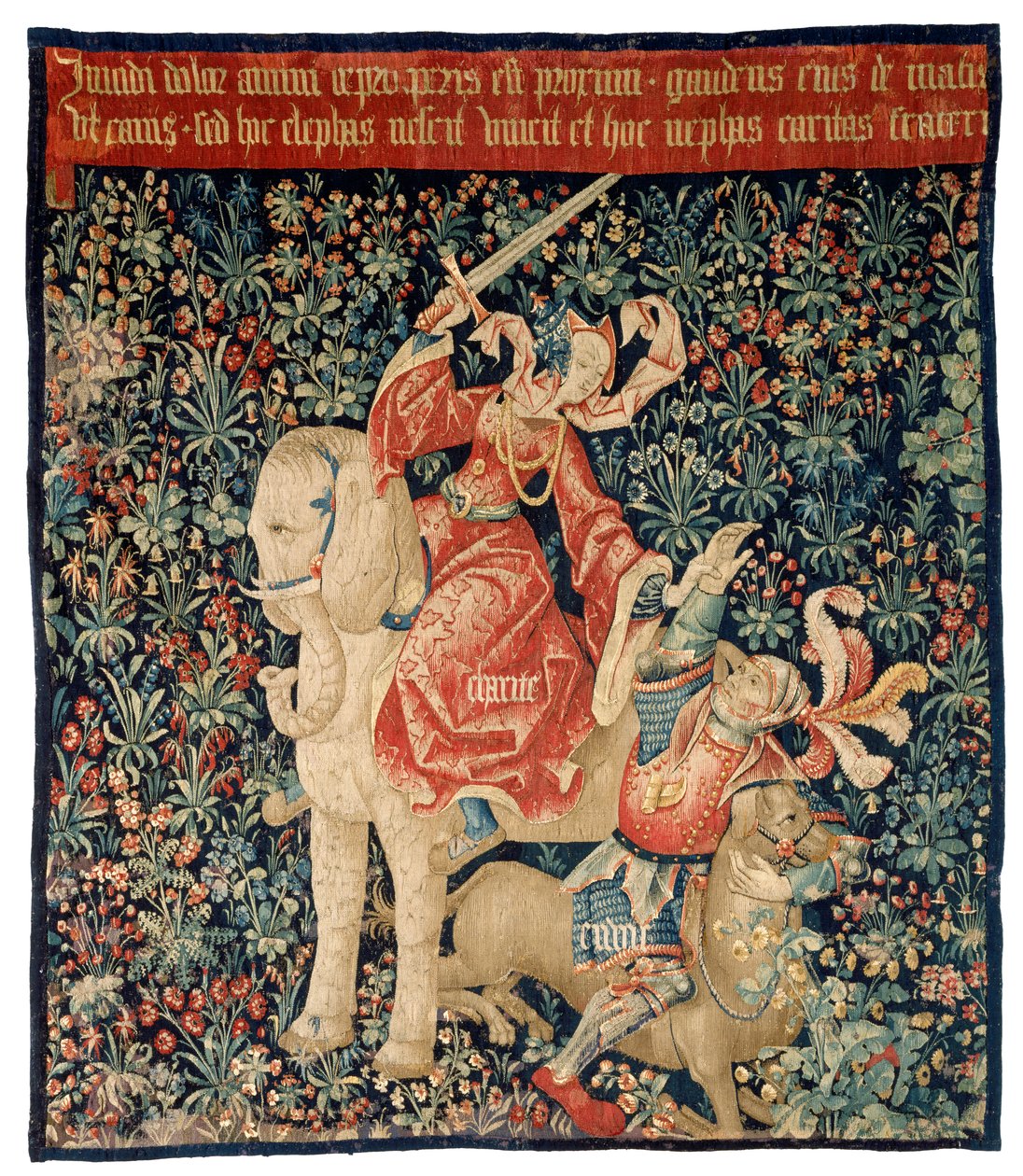 Tapiserie s motivem Mille-fleurs a Charity vítězící nad závistí (vlna a hedvábí) od French School