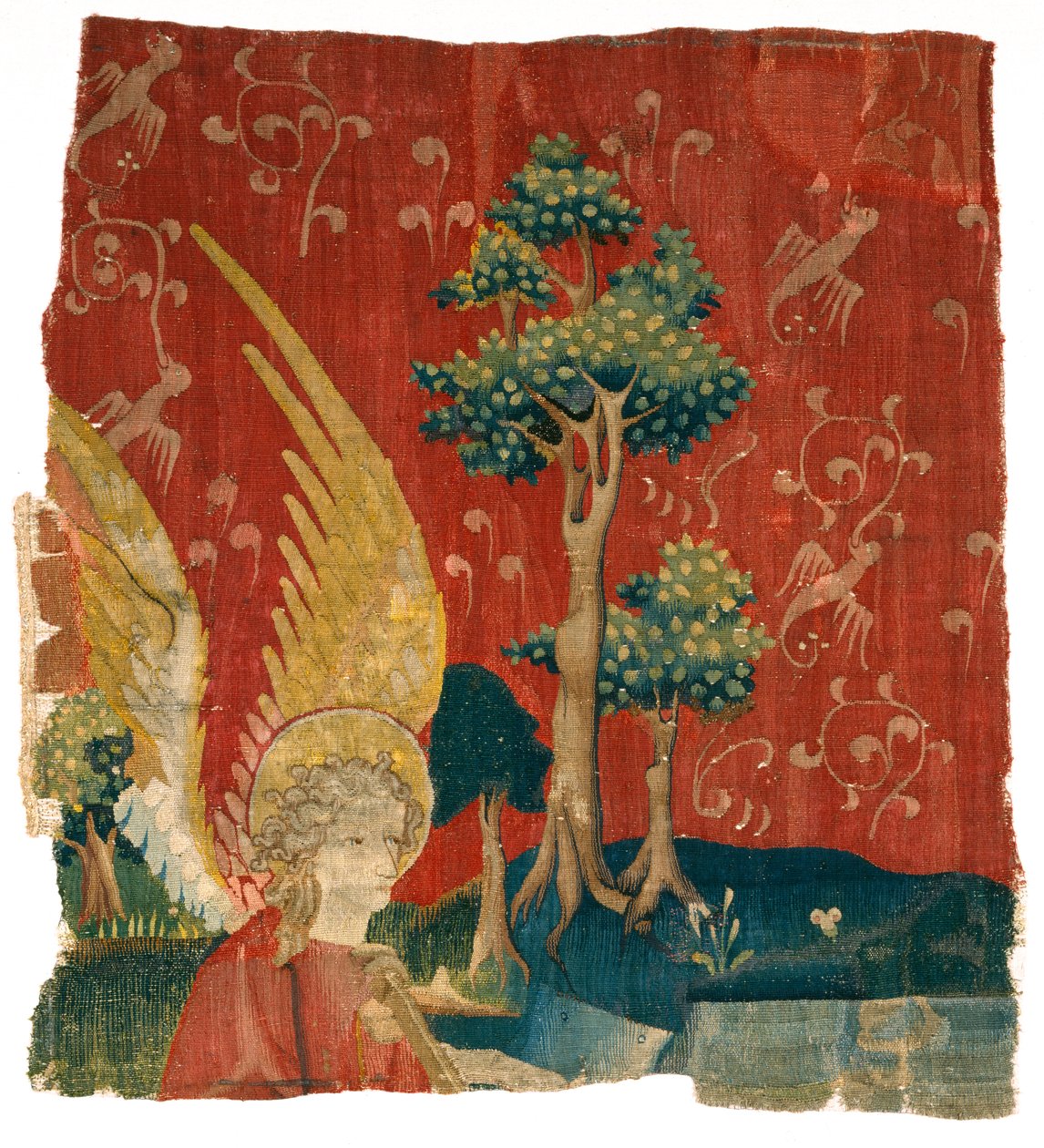 Fragment tapisérie zobrazující anděla v krajině, z Apokalypsy Angers, 3. čtvrtina čtrnáctého století (vlna) od French School