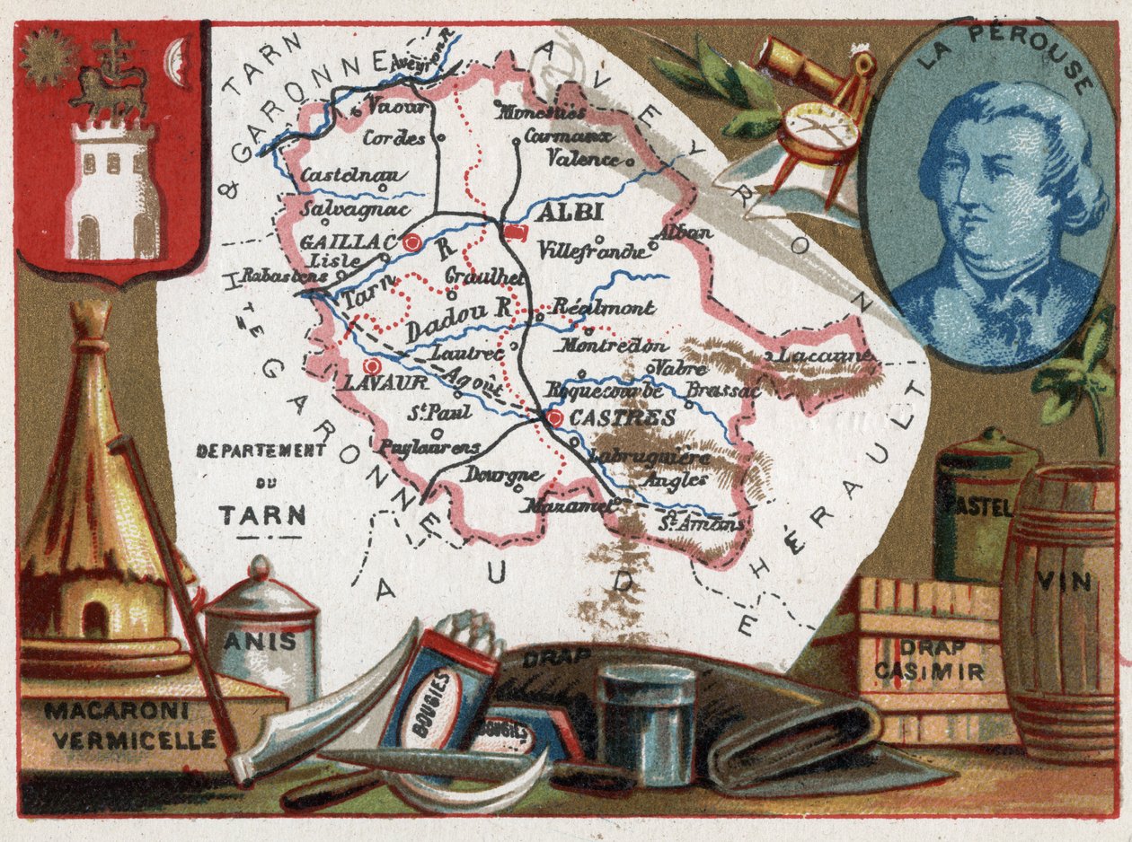 Tarn (81), Midi Pyrenees (Midi-Pyrenees), Francie. Makaróny a nudle, anýz, svíčky, ložní prádlo, pastel a víno. Portrét Jeana Francoise de Galaup, hraběte z La Perouse (1741-?), námořního důstojníka. Seriál o francouzských departementech. Chromolitografie  od French School