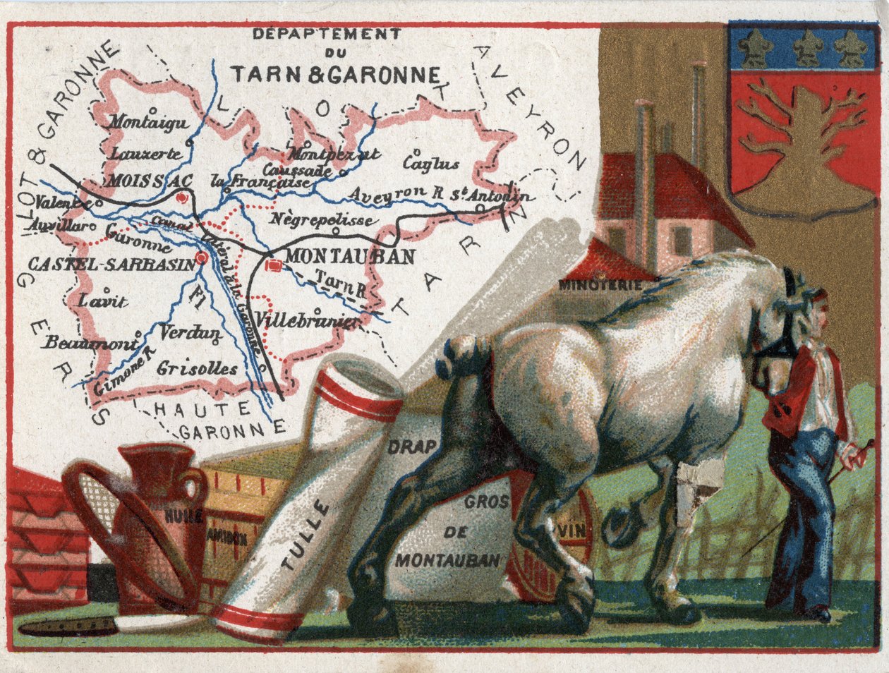 Tarn et Garonne (Tarn-et-Garonne, 82), Midi-Pyrenees (Midi Pyrenees), Francie. Místní specialita: olej, škrob, tyl, velkoobchod Montauban, mlýn na víno a mouku. Seriál o francouzských departementech. Chromolitografie (Chromo) „“geografické vlákno“, cir od French School