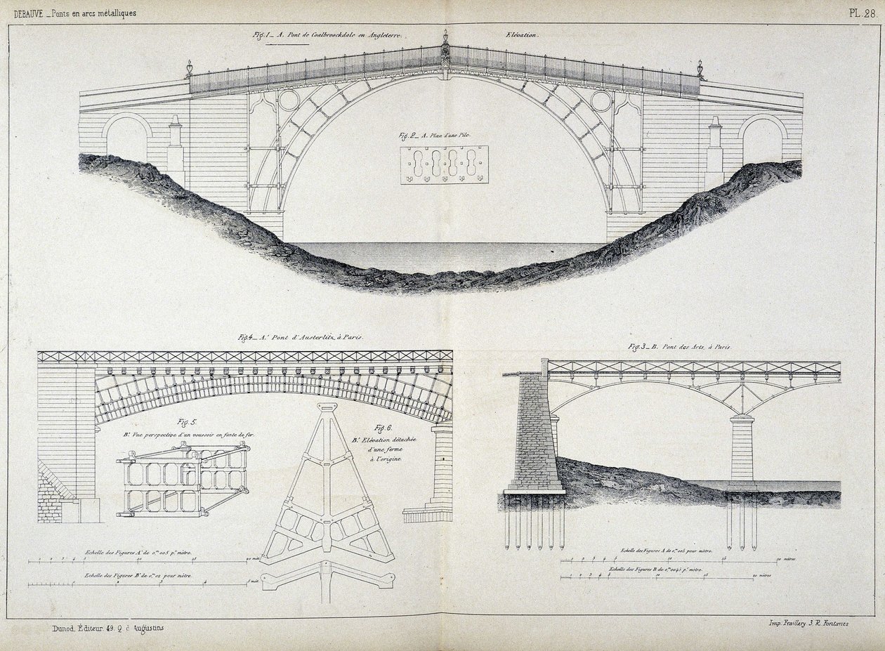 Technické výkresy mostů Ironbridge v Coalbrookdale (1779, Anglie), Austerlitz a Arts v Paříži, převzaté z „Manuel de l