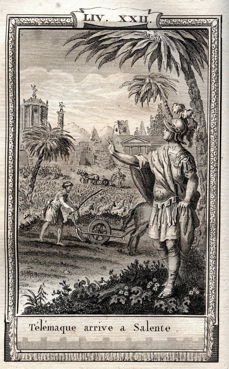 Teemaque se vrací do Salente (Salento) - rytina z roku 1798 od Monneta v „Les Aventures de Telemaque, fils d