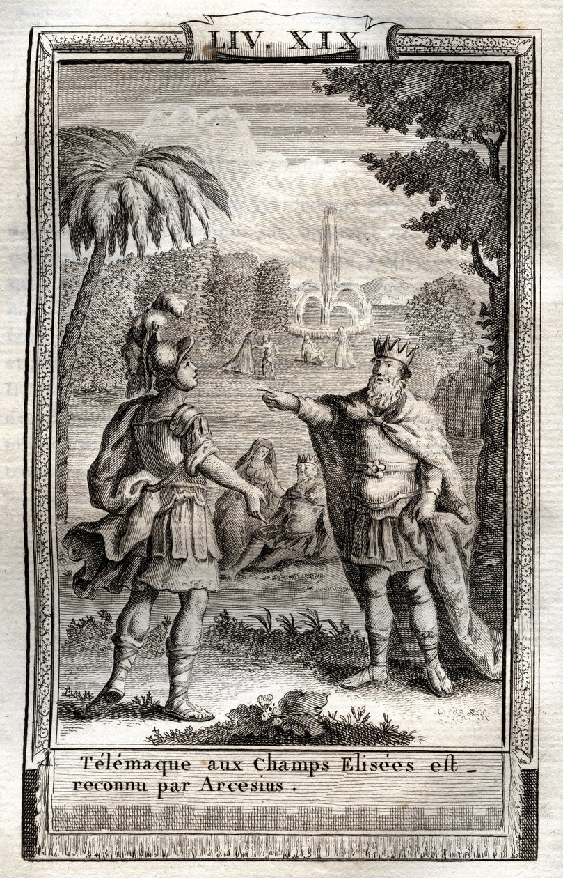 Telemaque na Champs Elisees uznává Arcesius - rytina z roku 1798 po Monnetovi v „Les Aventures de Telemaque, fils d
