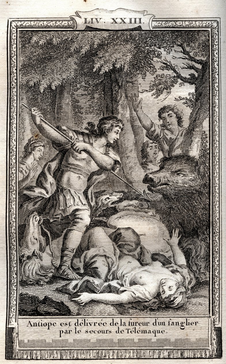 Telemaque přináší Antiope z divočáka - rytina z roku 1798 od Monneta v „Les Aventures de Telemaque, fils d