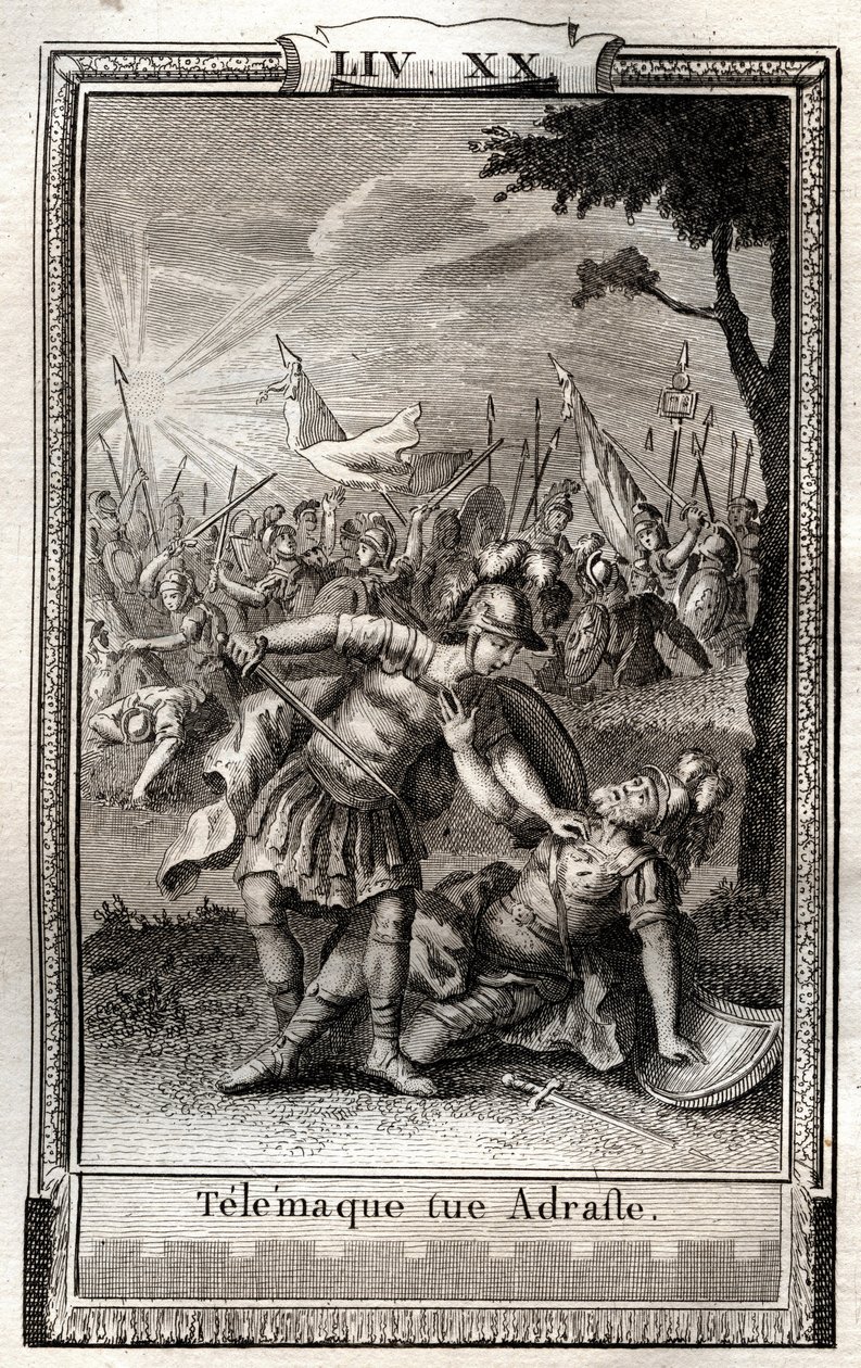 Telemaque zabíjí Adraste - rytina z roku 1798 od Monneta v „Les Aventures de Telemaque, fils d