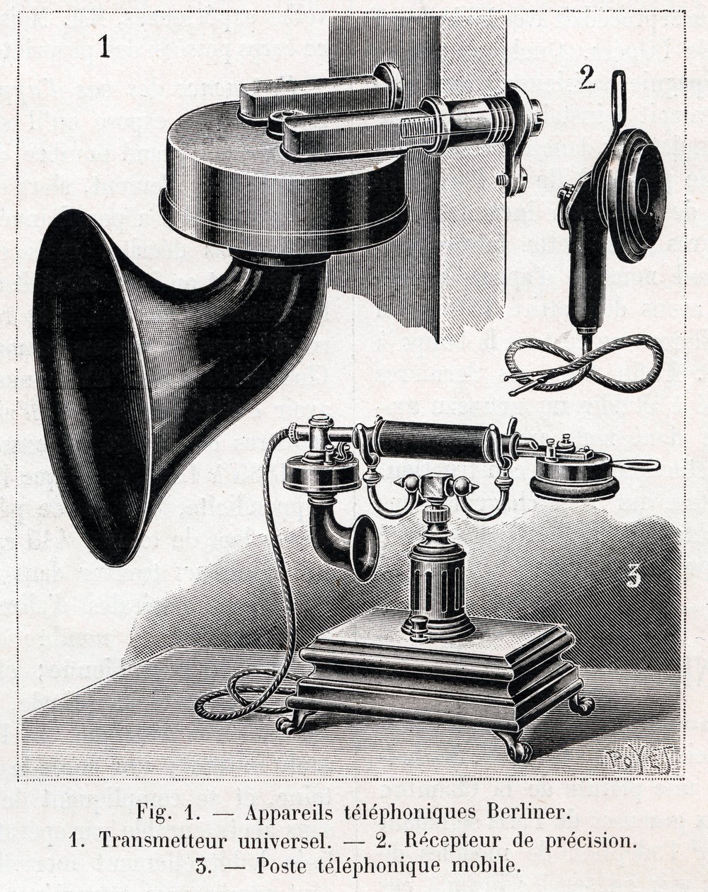 Telefonní přístroj – Berliner System – rytina „“La nature““ z roku 1902 od French School