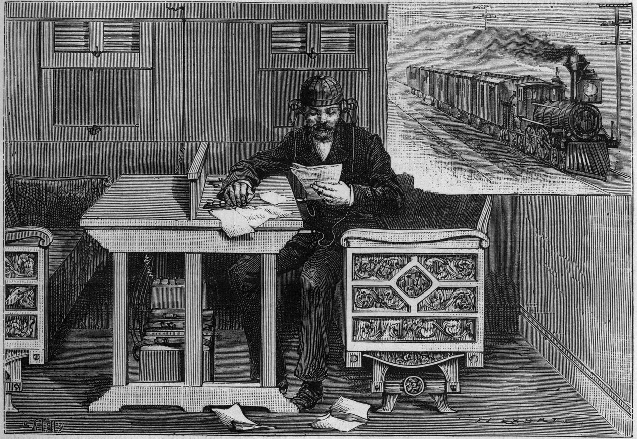 Telefonická komunikace jedoucích vlaků, systém Thomase Edisona (1847-1931): zaměstnanec vybavený telefonním přístrojem přijímajícím signál uvnitř jedoucího vozu. Gravírování v „“ La Nature. Revue des sciences et de ses applications aux arts et a l