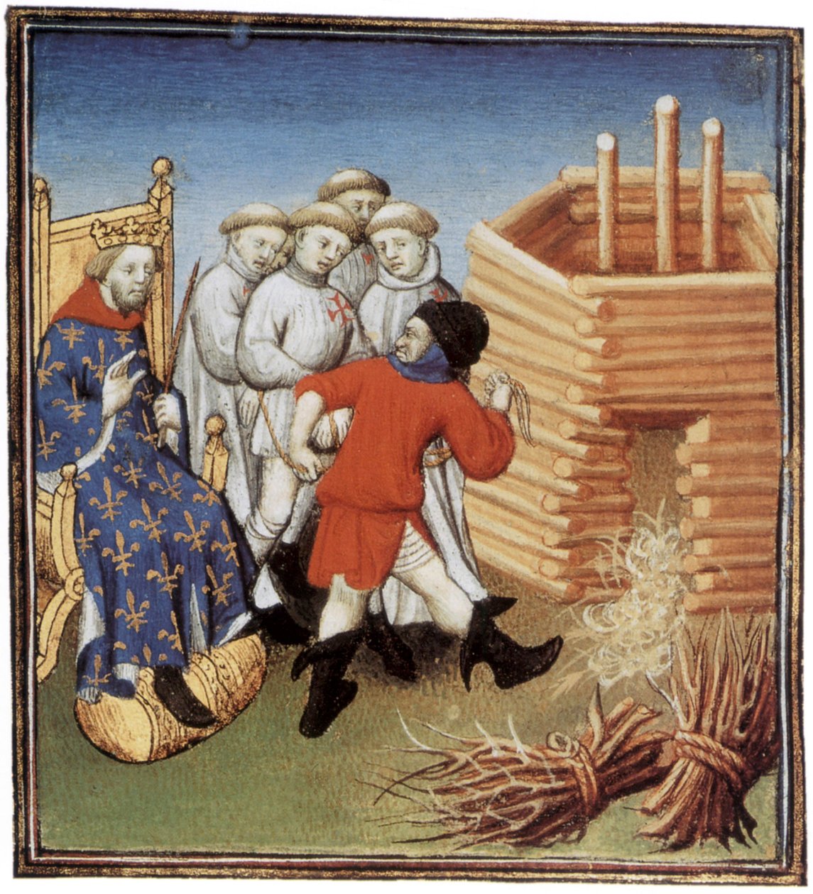 Templáři budou popraveni pod dohledem francouzského krále Filipa IV le Bel v roce 1310, iluminace od French School