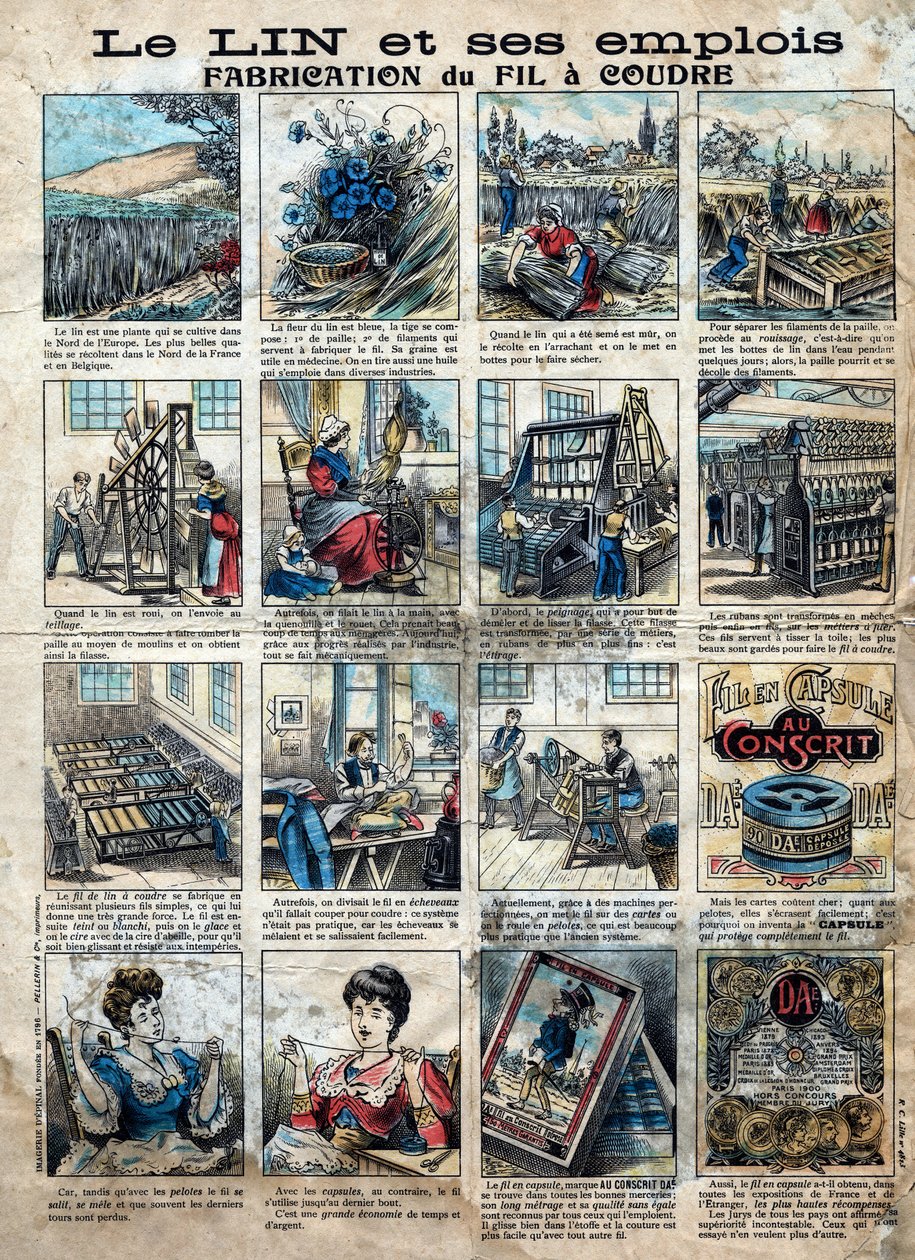 Textil, len. Kroky šití, výroby, použití a marketingu lnu k výrobě šicích nití. Rytina. Epinal imaging koncem 19. století. od French School