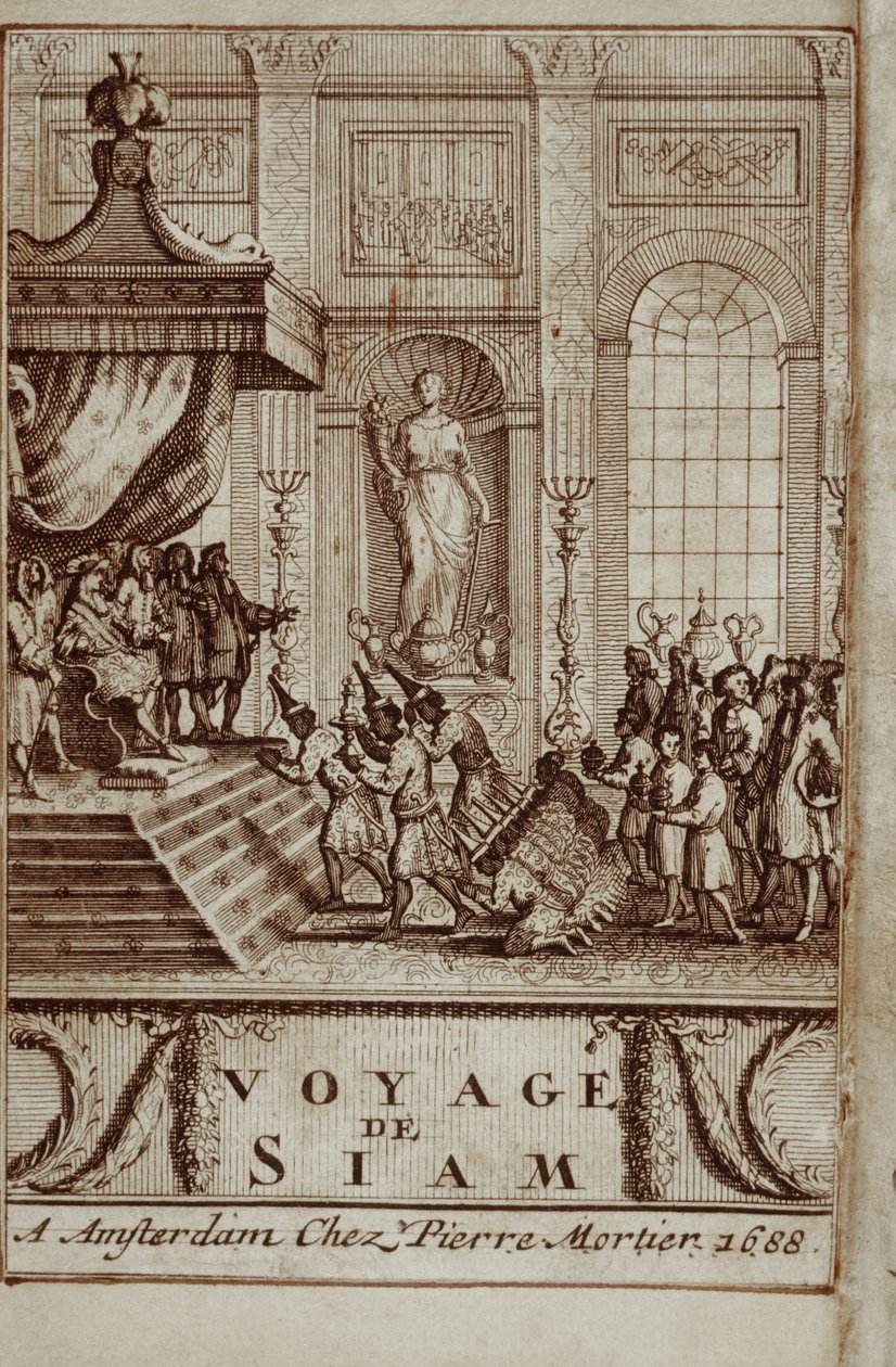 Thajští velvyslanci přijatí v Paříži Ludvíkem XIV., frontispis k Cestě do Siamu od Guye Tacharda, 1688 od French School